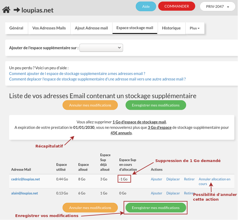 Adresses email personnalisées retirer espace mail suplémentaire