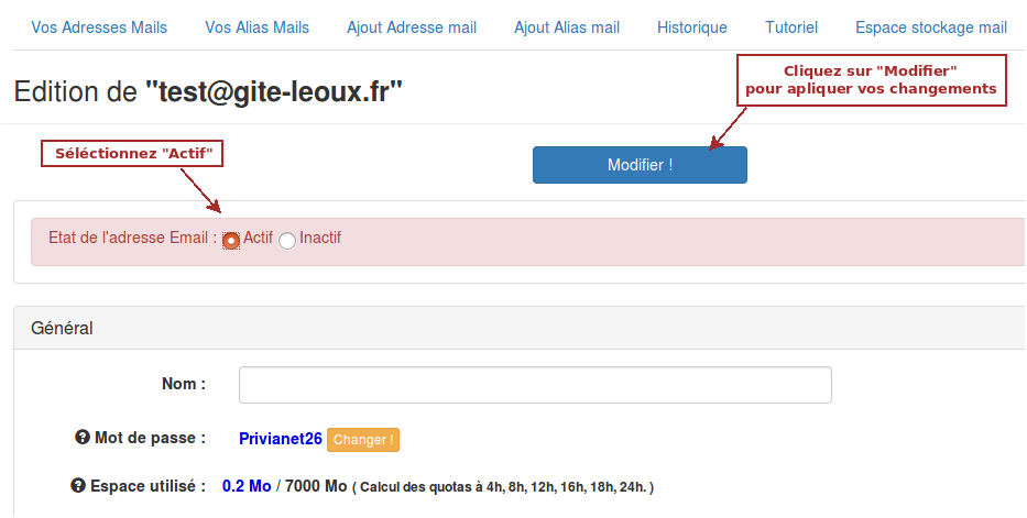 Reactiver adresse email suite