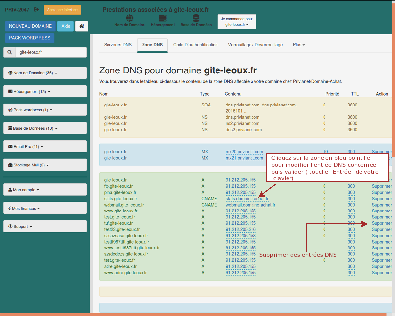modification de la zone dns d'un nom de domaine