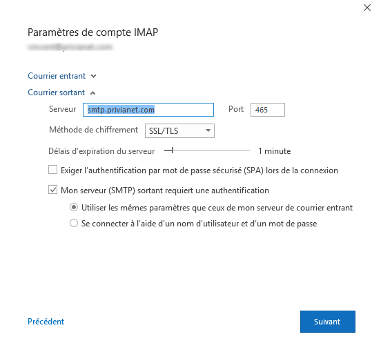Paramètres courrier sortant