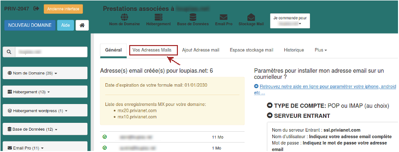 Creation adresse POP ou IMAP