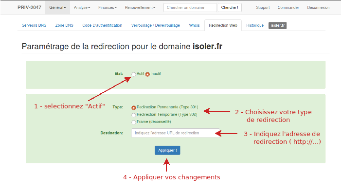 activer redirection web de votre nom de domaine