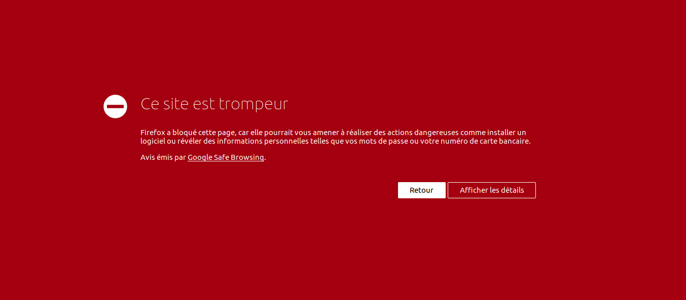 Avertissement pour un site trompeur sous Firefox
