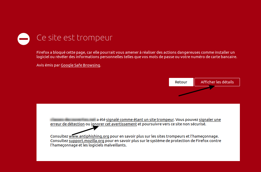 Avertissement pour un site trompeur sous Firefox