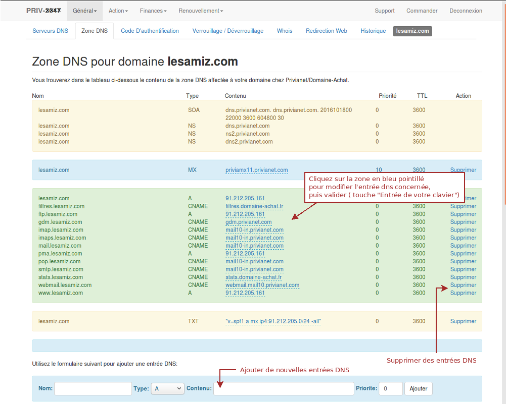 modification de la zone dns d'un nom de domaine